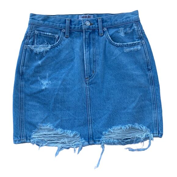 New Agolde Women Light Wash Distressed Ripped Jean Denim Mini Skirt Size 27 - Picture 5 of 11
